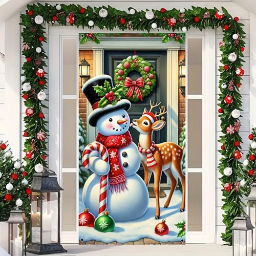 Image of BlissYard Christmas Door Cover 71x35 Inch Snowman and Reindeer Door Banner, Merry Christmas Door Decoration for Front Door, Indoor Outdoor Holiday Backdrop, Winter Xmas Party Door Hanging