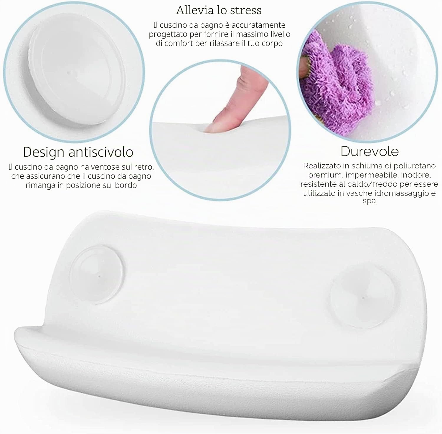 Cuscino da Bagno, Cuscino di Vasca da Bagno in PU con Ventose, Impermeabile Cuscino per Collo Testa Vasca da Bagno, Facile da Pulire, Cuscino Poggiatesta Ergonomico per Tutti i Tipi di Vasca - Bianco
