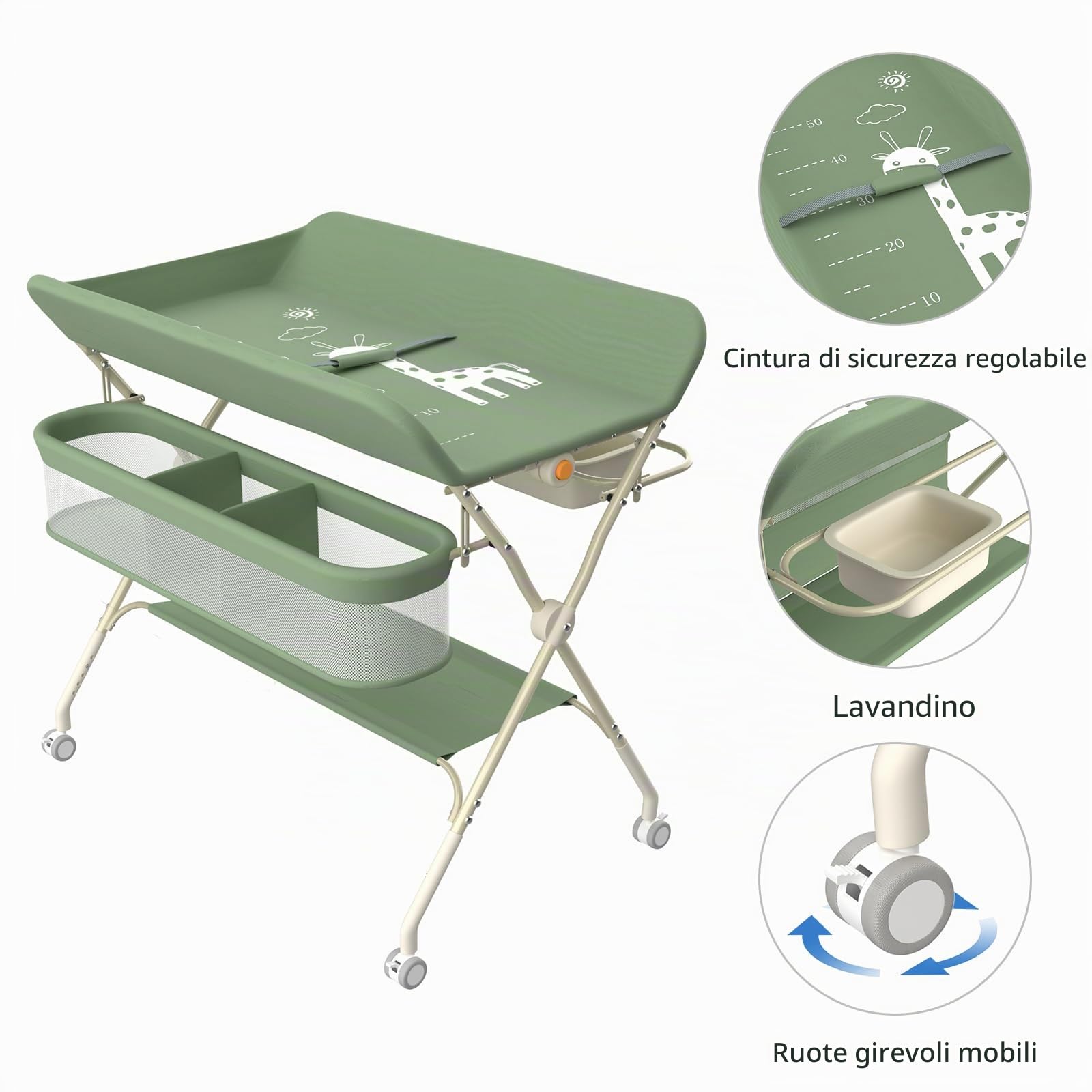 Fasciatoio con ruote, pieghevole, fasciatoio portatile, 5 ripiani regolabili, cestino portaoggetti da appendere per neonati, per cameretta dei bambini, 75 x 68 x 83-91 cm (A) verde