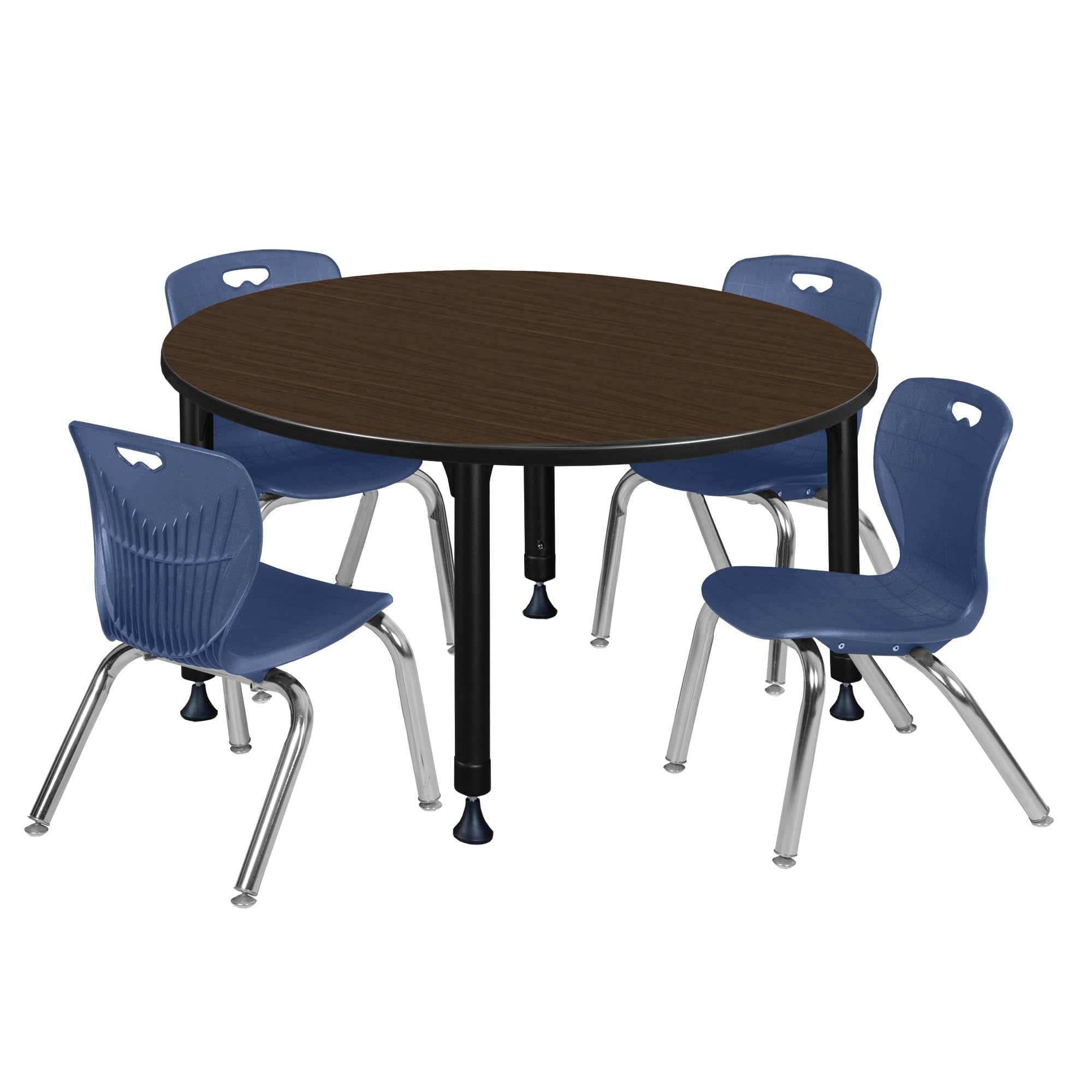 Regency Kee 48 in. Round Adjustable Classroom Table- Neo Walnut Top, Black Base & 4 Andy 12 in. Blue Stack Chairs