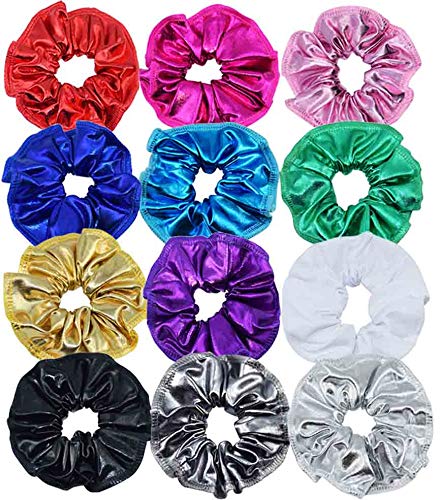 ransiy 12 Pieces Shiny Metallic Scrunchies Large Bobble Flower Hair Scrunchie Ponytail Holders for Girls