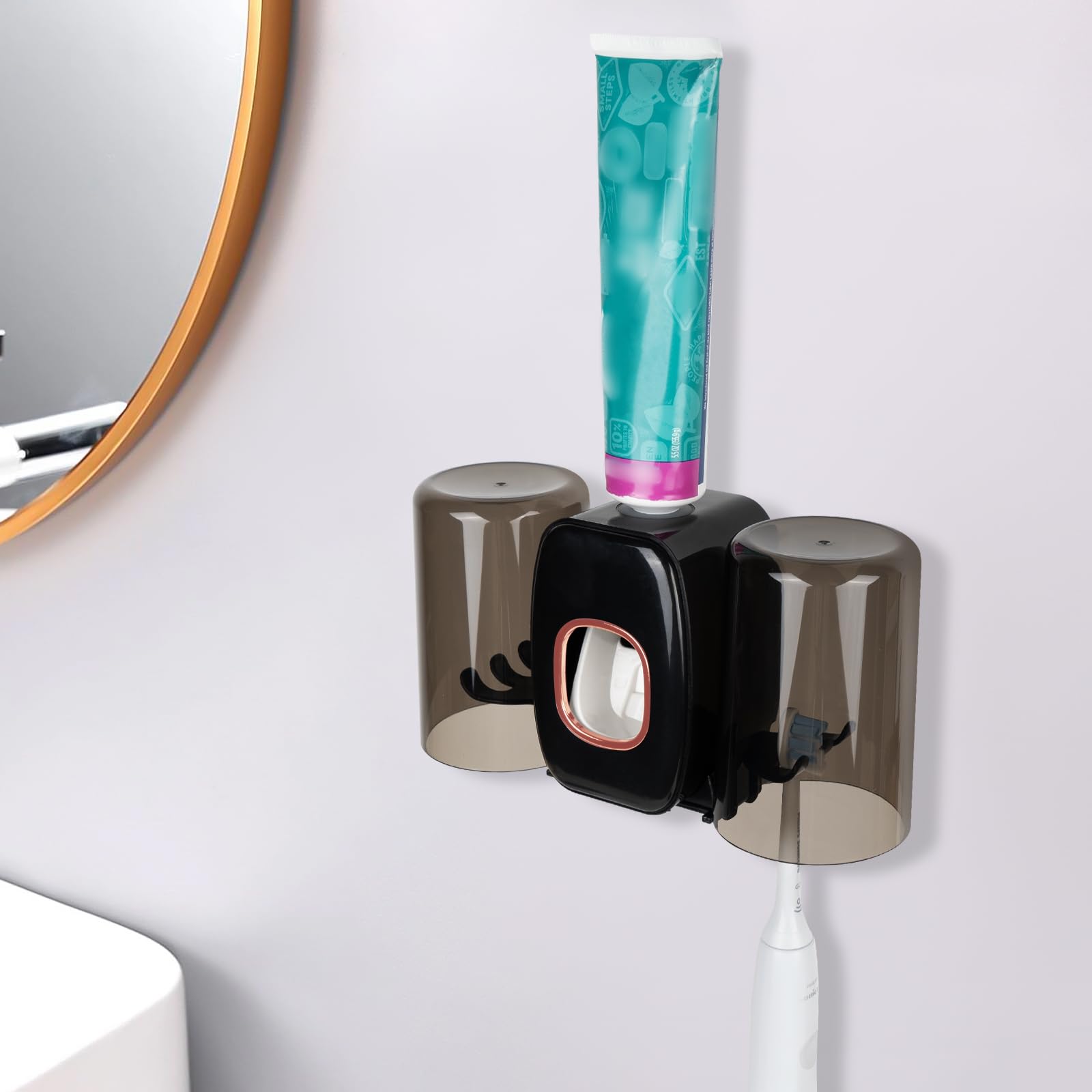 LUEXBOX Soporte para cepillo de dientes con 4 ranuras para montaje en pared con funda, organizador de almacenamiento autoadhesivo para ducha, colgador de cepillos de dientes con 2 tazas de enjuague