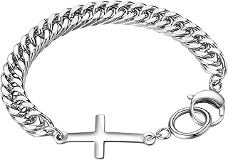 Pulseras de hombre y mujer de acero inoxidable, con colgante en cruz, color negro y rosa dorado, pulseras pareja enamorados, Talla única, Acero inoxidable