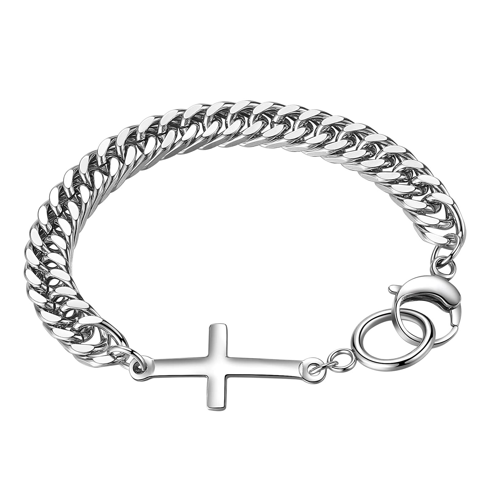 FlongoPulsera Hombres, Pulsera Acero Inoxidable Con Jesús Cruz Pulseras Regalo Joyería Oración Niño 21cm, Plata