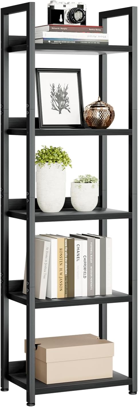 NUMENN Narrow Bookshelf, 5 Tier Bookshelves, Home Office Bookcase Shelf Storage Organizer, Free Standing Storage Shelving Unit for Bedroom, Living Room and Home Office, Black 5 Tier(narrow) Black