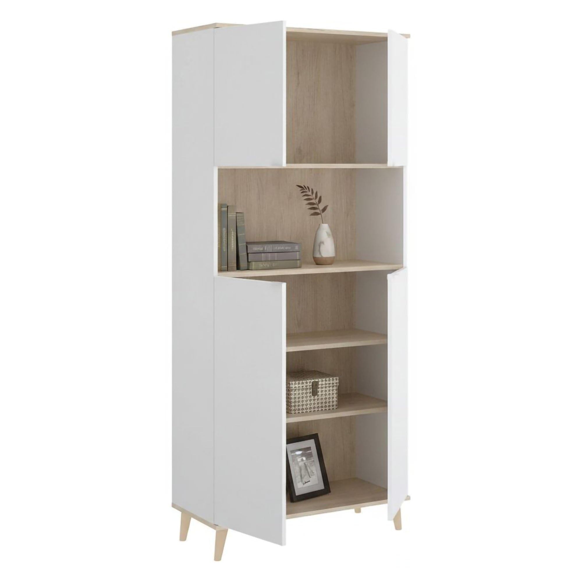 Dmora - Buffet Spino, Buffet Garde-Manger de Salon, Buffet de Salon Moderne avec 4 Portes, 80x40h191 cm, Blanc et Chêne