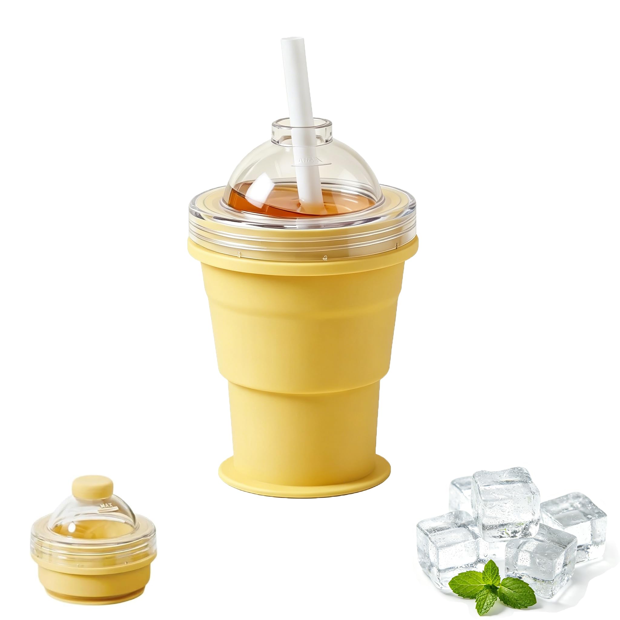 PORUPAEL 2-in-1 Foldable Ice Hockey Cup, Collapsible Silicone Ball Maker with Reusable Straw & Lid, Portable Leakproof Travel Tumbler for Coffee Camping Office Home (Yellow)