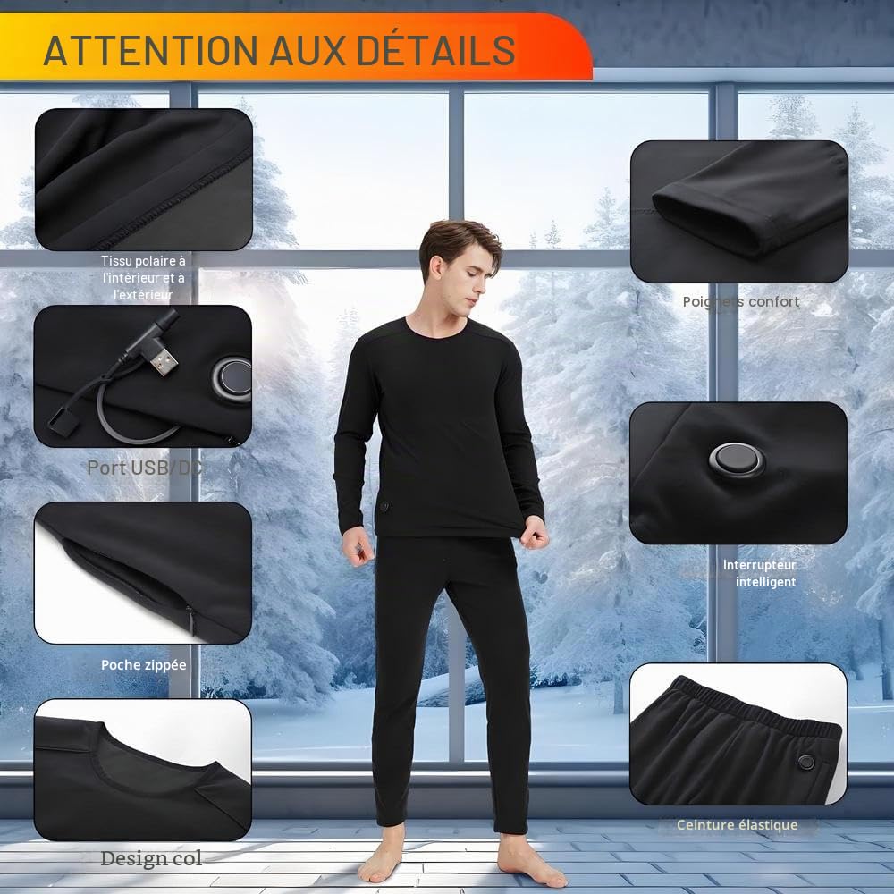 Ensemble de sous-vêtements Thermiques Chauffants pour Homme et Femme Chargement USB 42 Zones Intelligent, pour l'hiver et Le Froid & S/4XL