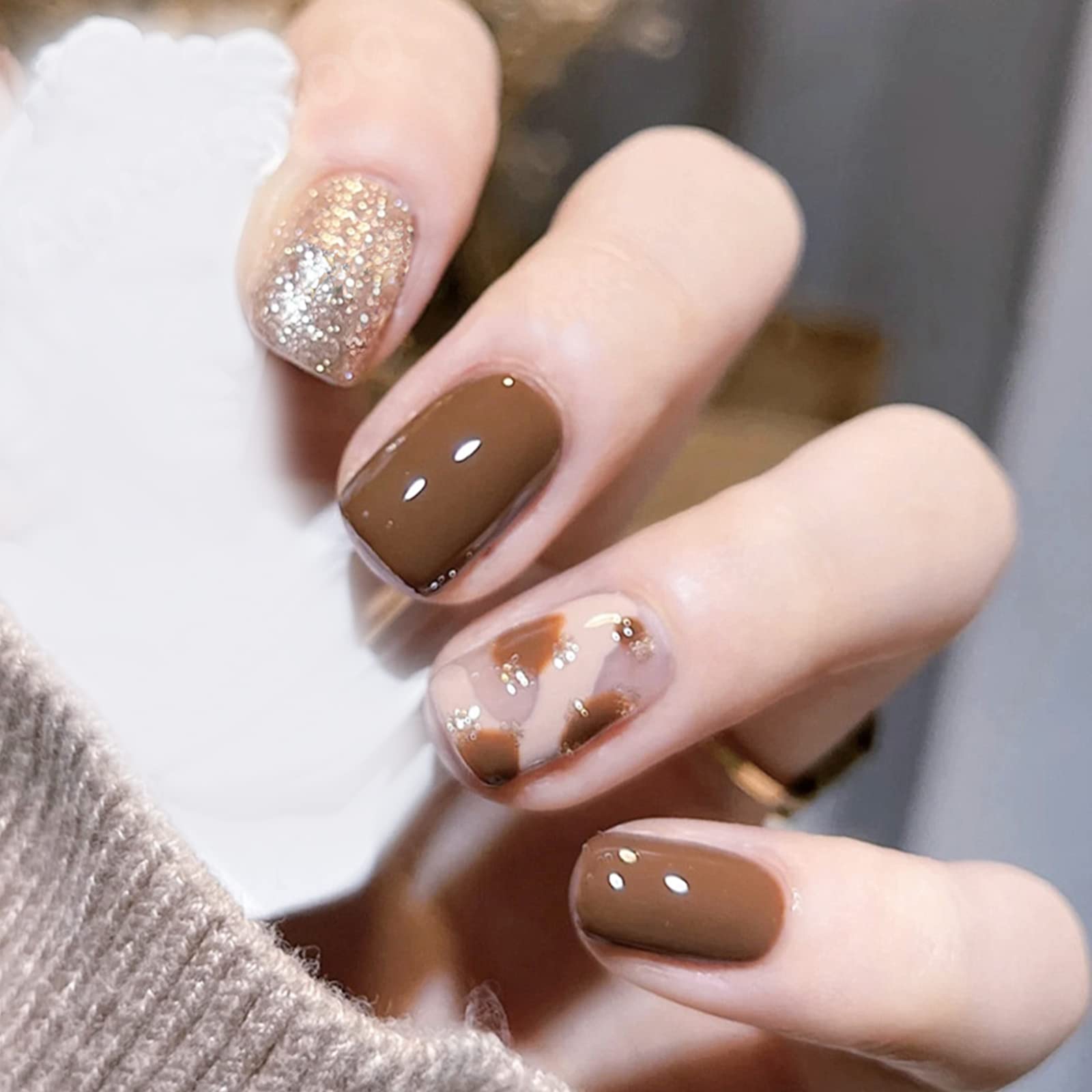 French Tips Press on Nails Short Square False Nails Golden Brown Milk Plaid French Designs Fake Nails Acrylic Full Cover Artificial Glue on Nails Stick on Nails for Women Girls 24 Pcs PD-99