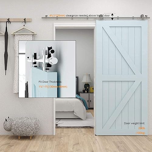 Miniatura 2 de TSMST Kit de herrajes para puerta corrediza de granero de 9 pies, riel de puerta de granero resistente de acero inoxidable para puerta de granero