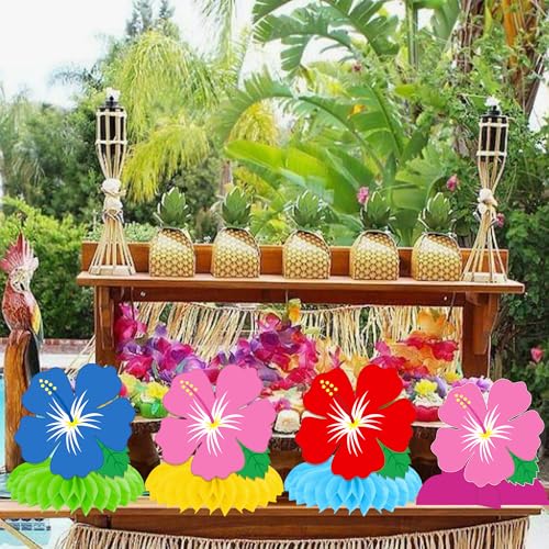 Image of Hawaiian Hibiscus Flowers Honeycomb Centerpieces 11PCS Luau Party Table Decoration Tropical Aloha Table Centerpieces Hawaii Party Decor for Tables Summer Holiday Party Supplies