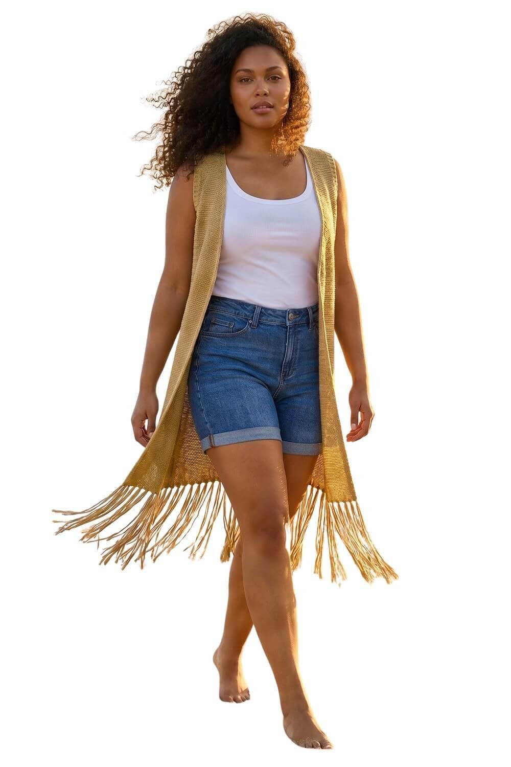 Roman - Women's Cardigan - Crochet Knit Tassel - Stone - Size 20
