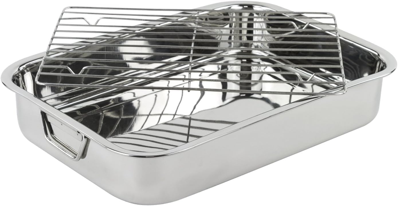 MGE - Oven Roaster with Grill - Taca do Pieczenia - Prostokątna Patelnia do Pieczenia w Piekarniku z Grillem - Stal Nierdzewna - 40 cm