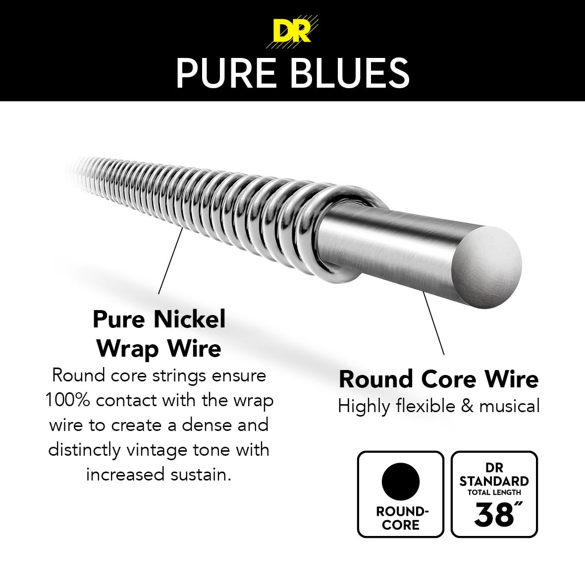 DR Strings Pure Blues (PHR-11-6PK) - Pack de 6 cuerdas para guitarra eléctrica, níquel puro, núcleo redondo, Heavy 11-50, hecho a mano en Estados Unidos