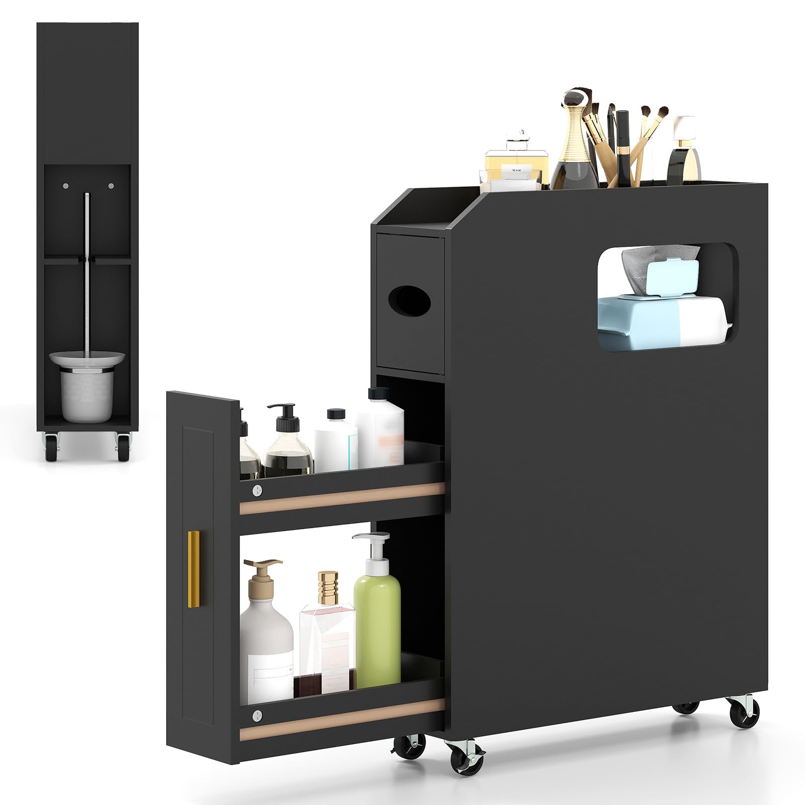 COSTWAY Armario Auxiliar de Baño con Ruedas Bloqueables, Mueble de Baño Estrecho con Cajón Deslizante, Caja de Pañuelos, Soporte para Cepillo de Inodoro para Cocina Salón, 50 x 16 x 69 cm (Negro)