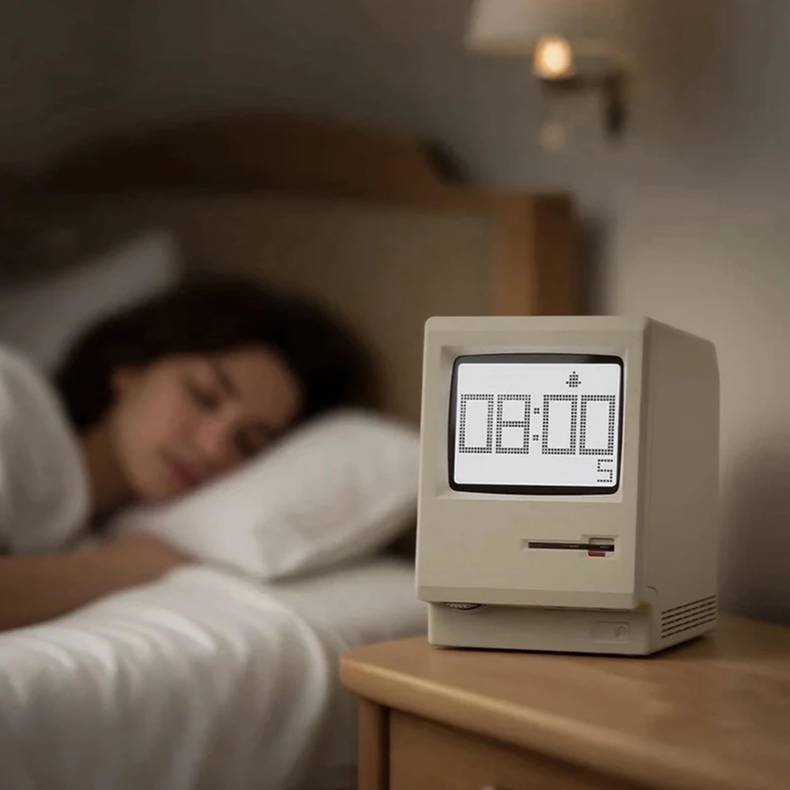 Maclock - Reloj despertador retro de píxeles, reloj de escritorio estilo computadora 1984 con pantalla LCD de píxeles, reloj de escritorio USB, múltiples alarmas, calendario, temperatura