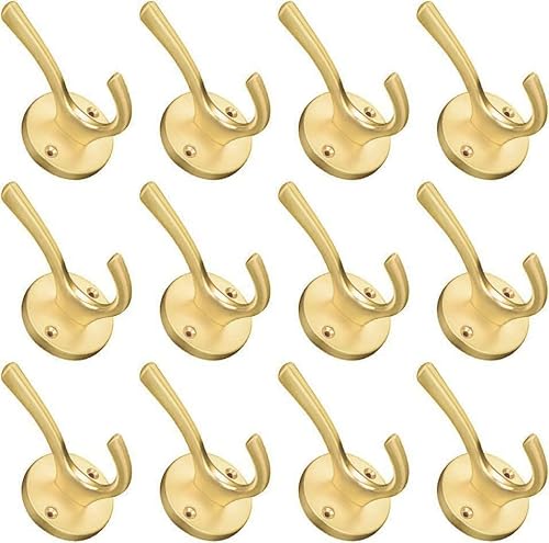 ZUONAI Gold Hooks 12 Pack Brushed Gold Wall Hooks Heavy Duty Metal Coat Hooks for Hanging Coats and Hat Hooks Wall Mounted Towel Hooks for Bathrooms Clothing Hooks for Bedroom Key Hanger Double Hooks