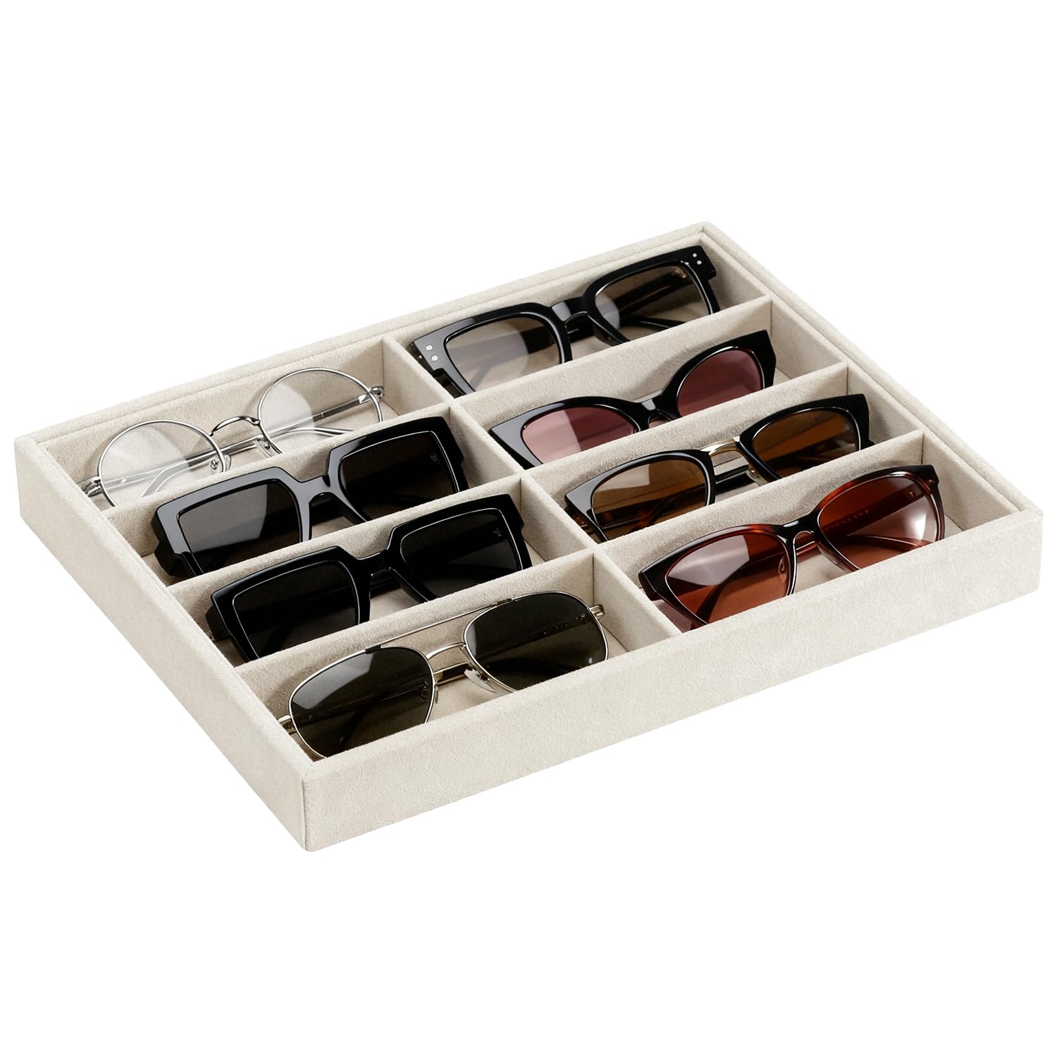 Organizador de Gafas de Sol Bandeja de Terciopelo - Caja de Almacenamiento para 8 Pares de Gafas, Ideal para cajones o para exhibición - 33,8 x 24,4 x 3,8 cm
