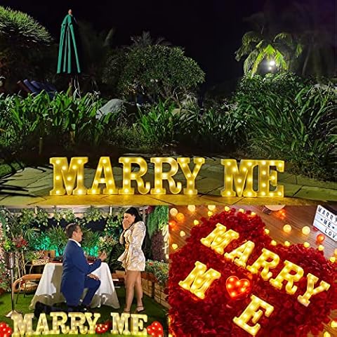 JUICYRAUL 7 LED Marquee Letter Lights Marry Me Sign，Marry Me LED Marquee Letter Lights，Marry Me Light up Letter Numbers for Romantic Proposal, Wedding Sign, Engagement Sign Cover
