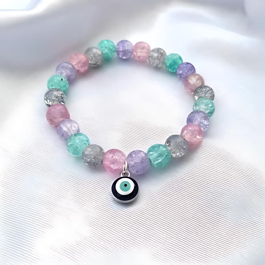 Modern Decor Emporium Adjustable Bead Bracelet Set – Matching Friendship Bracelets for Couples, BFF, Men & Women – Stylish Hand Jewelry Gift | Pastel Glass Beaded Bracelet with Evil Eye Charm, Multi-Color Crystal Crackle Effect, Pink Purple Mint Grey | (Pack of 2)