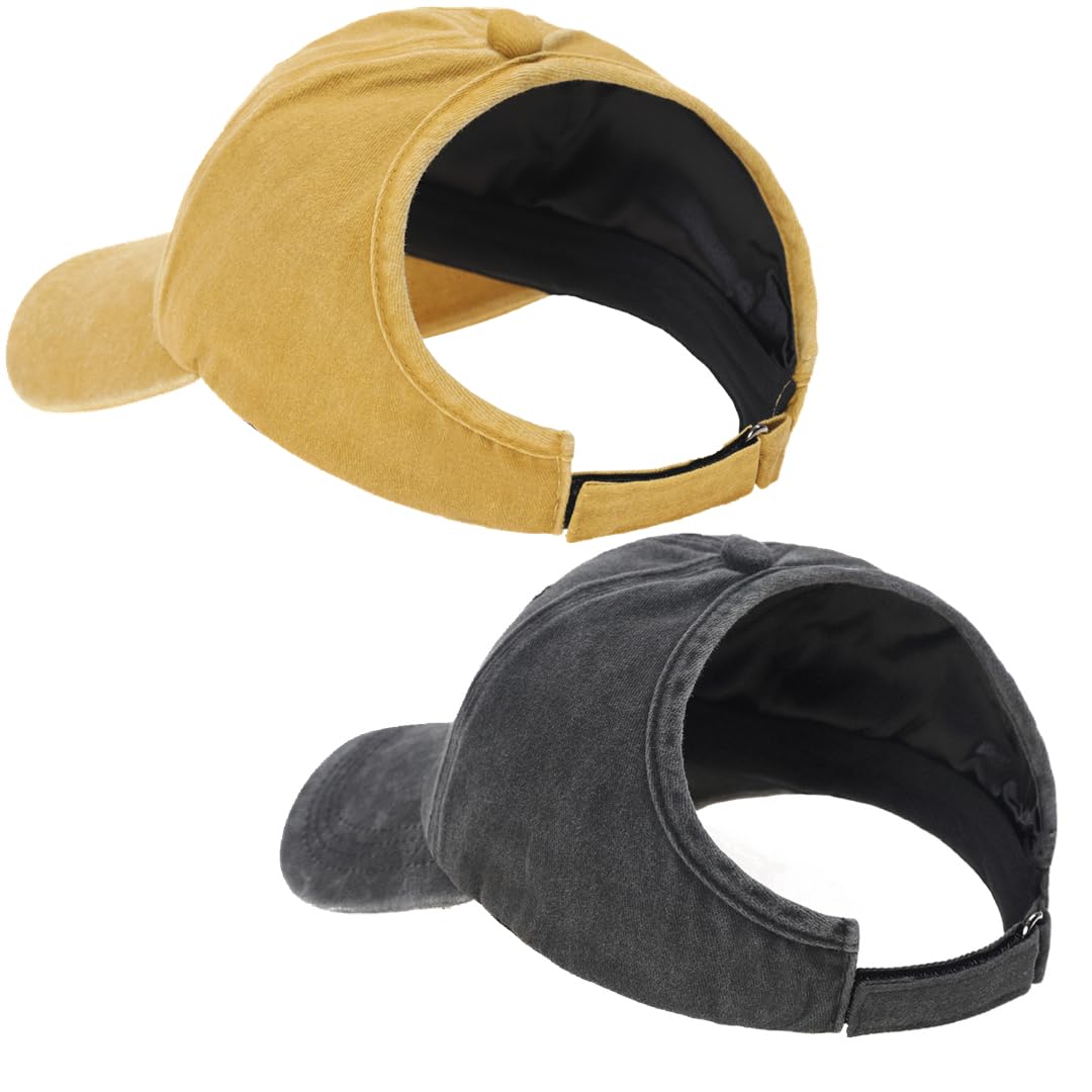 Degfey Women's Backless Baseball Caps for Curly Hair, Satin Lined, 2 Pack, Black+yellow, M