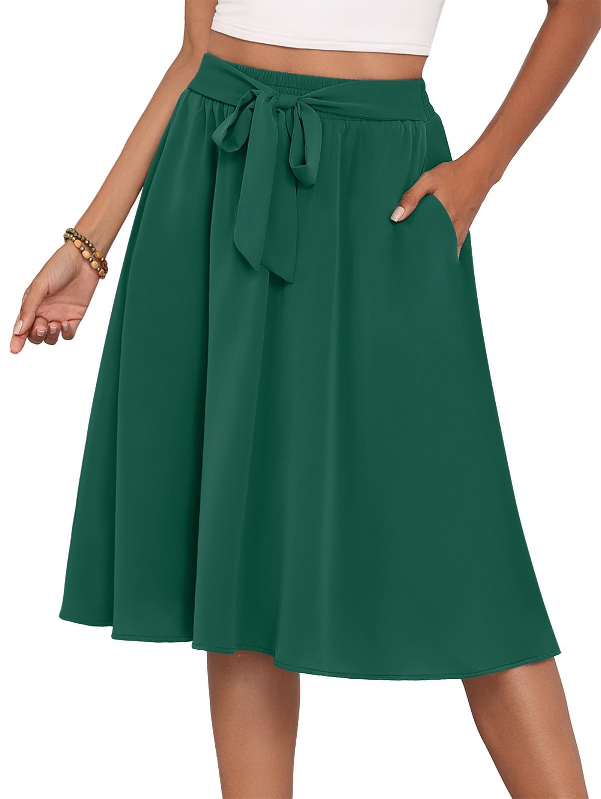 LAOLASI Womens A-Line Midi Skirt Summer Trendy High Waisted Boho Casual Beach Flowy Flared Below The Knee Skirts with Pockets