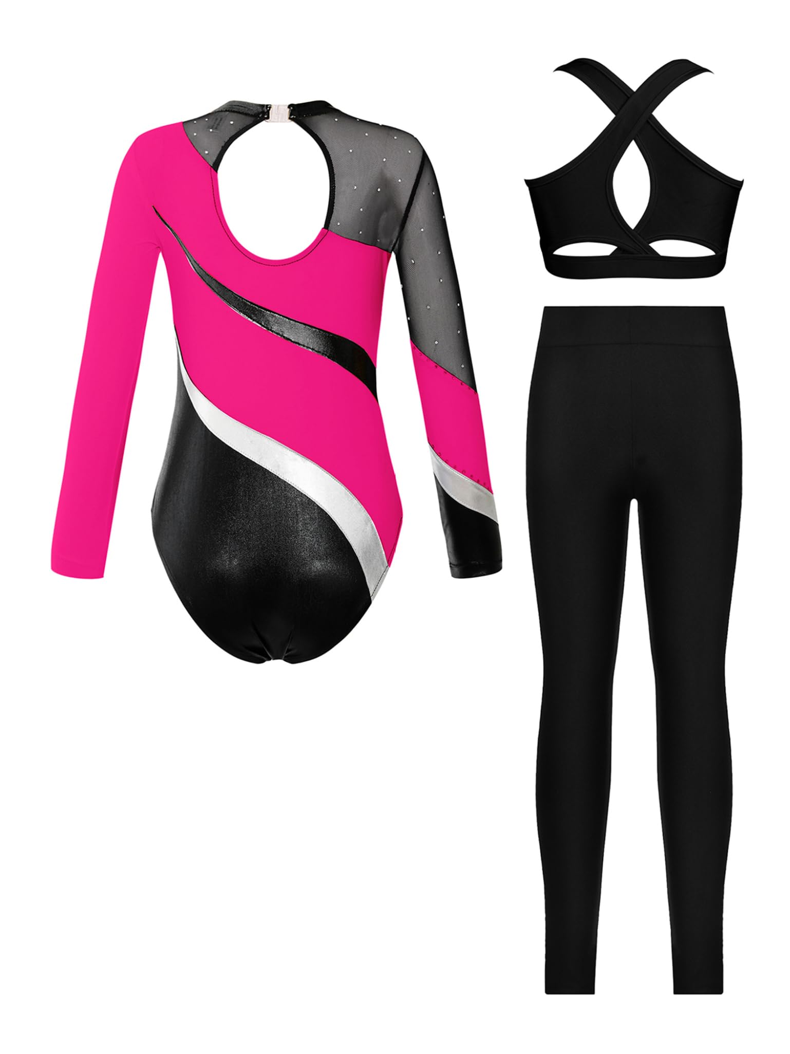 Traje Gimnasia Niña Con Brillo Manga Larga Con Pantalón Sostén Deportivo Tops Traje Equipo Patinaje Artístico Mono Competición Baile