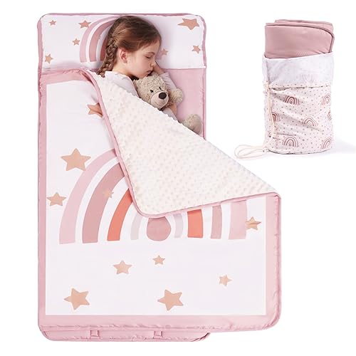 Tapete para siesta para niños pequeños con almohada extraíble y manta de minky, tapete para siesta de lana suave, diseño enrollable, saco de dormir