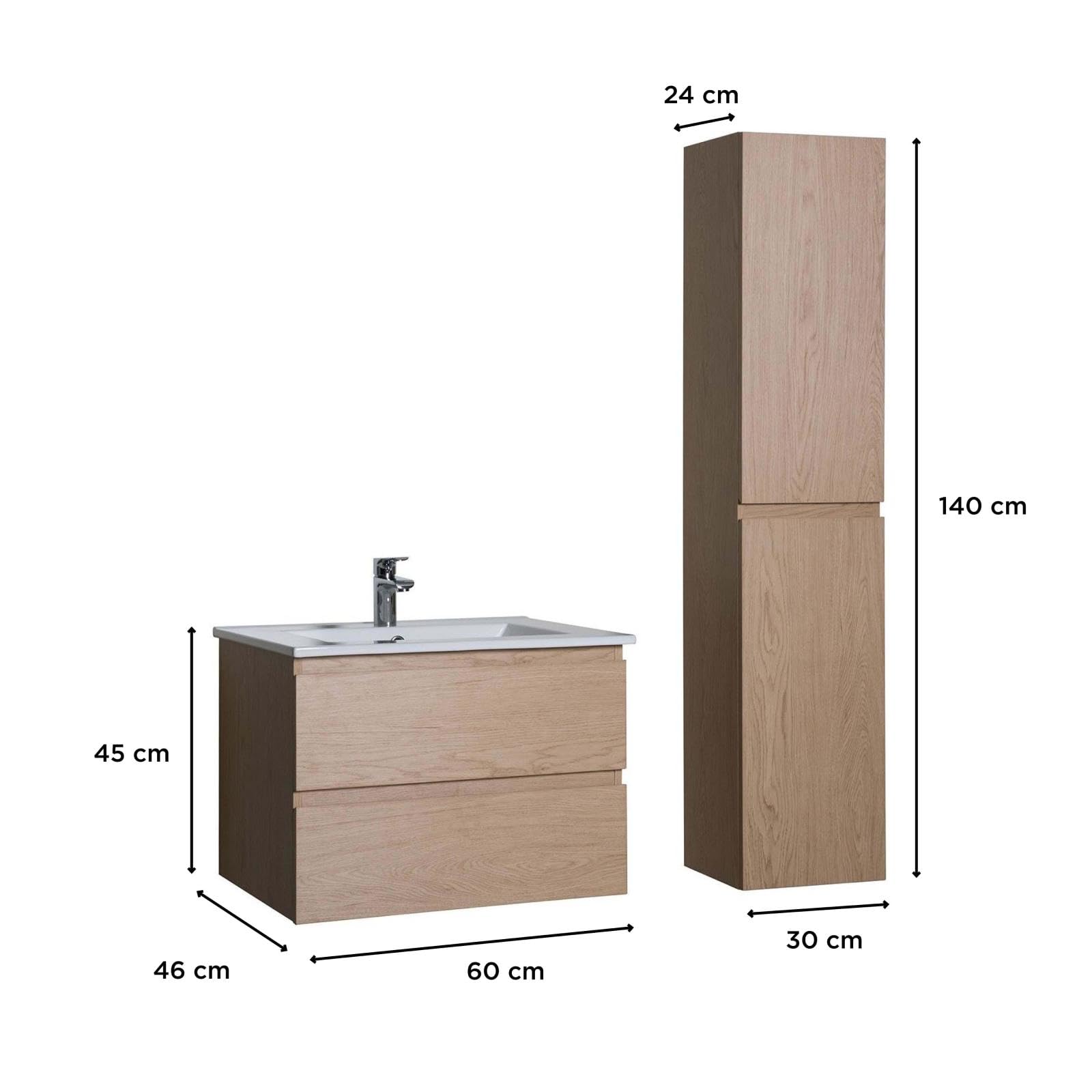 MOB-IN Ensemble Meuble Simple Vasque 60cm avec Vasque et Colonne Sorrento Décor chêne