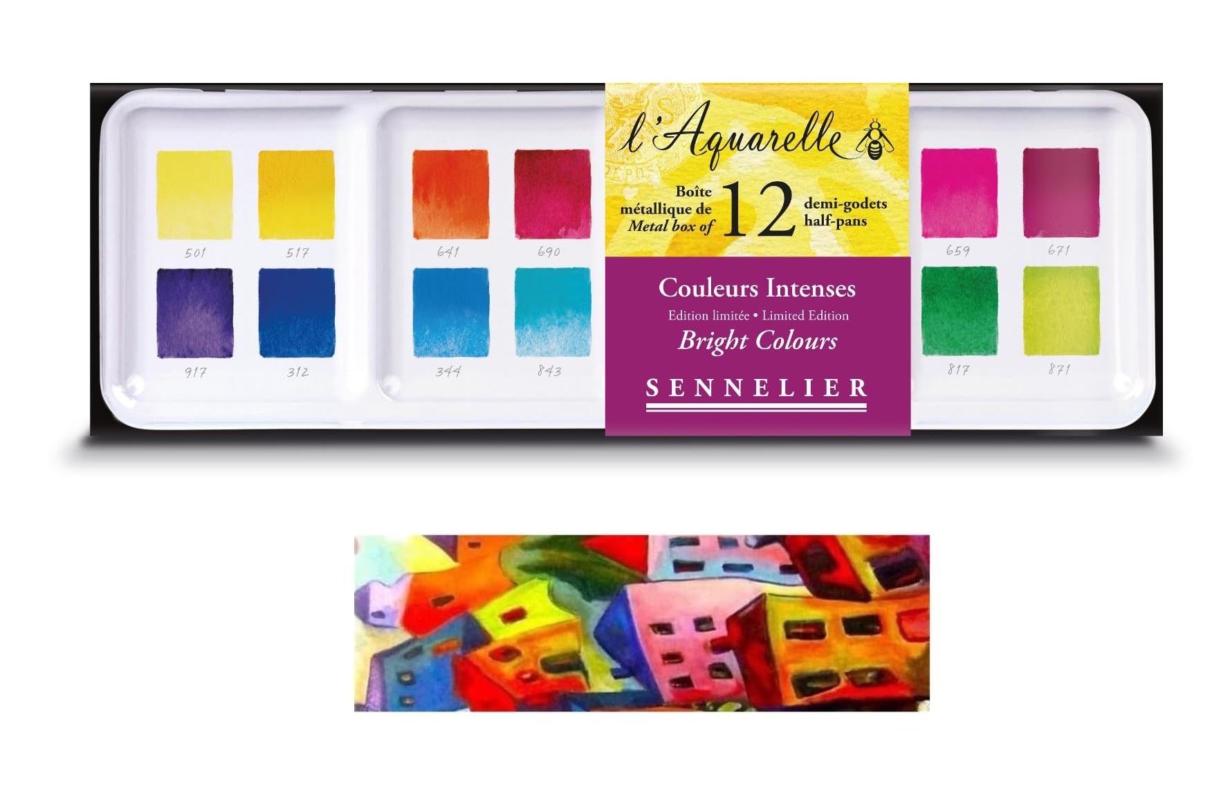 Sennelier Aquarelle Extra-Fines, sélection couleurs intenses - Paysage, 12 demi-godets Boîte en métal et 1 carte