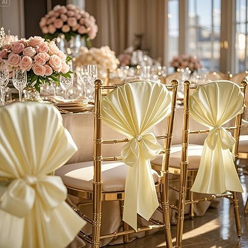 Vista 4 de Paquete de 50 bandas para sillas de satén color champán, lazos para sillas plegables, fiestas de nacimiento, decoración de boda, lazos para sillas