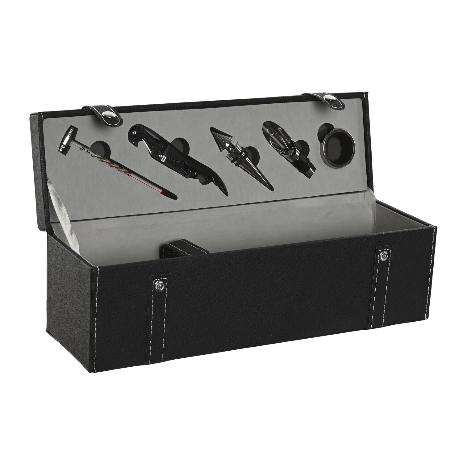 Coffret vin 6 pièces cuir noir 36x11x12 cm élégant et finitions de prestige