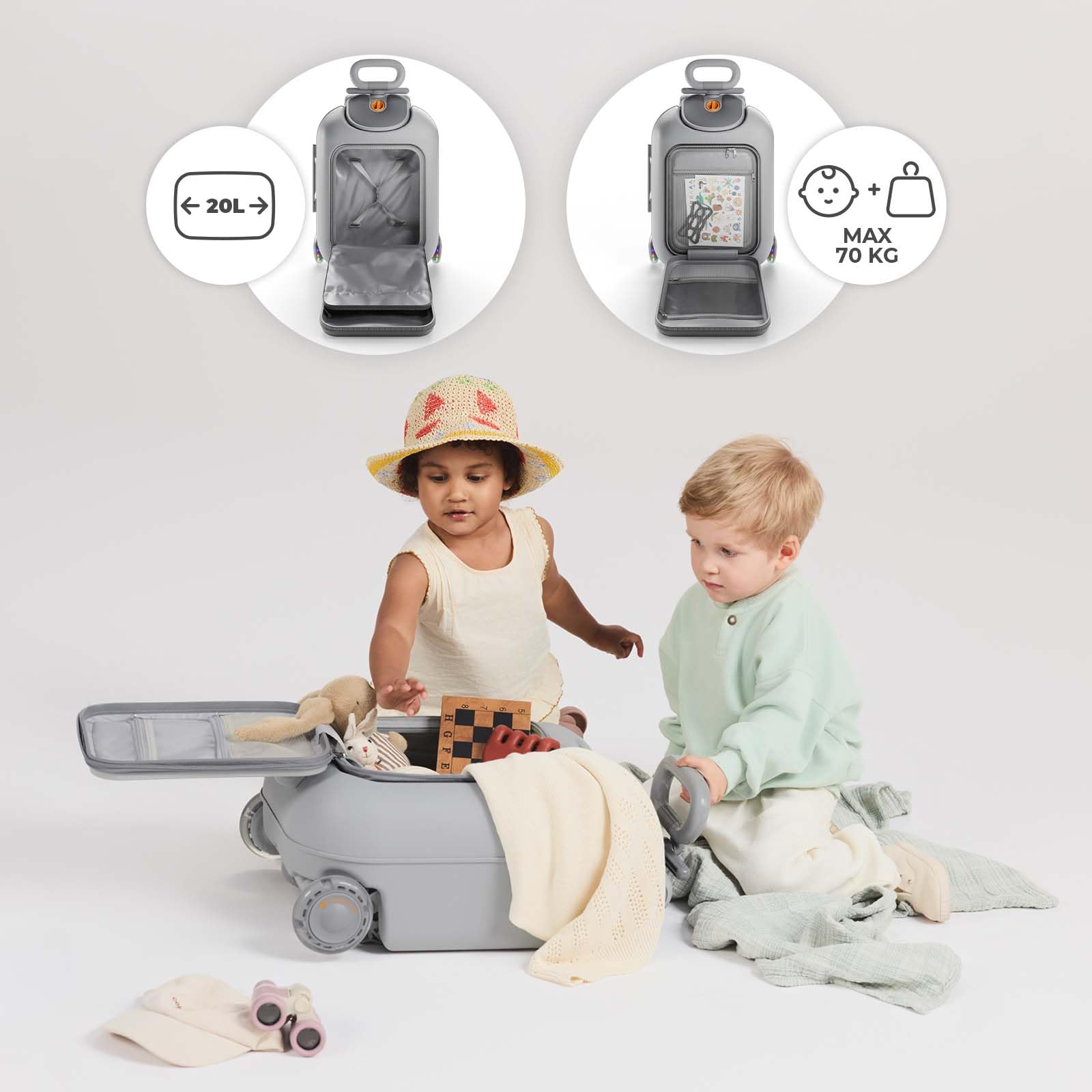 Kinderkraft CABBY Valigia Bambini 2 in 1, Bagaglio a Mano con Seduta, Ruote LED, 20 L, Pieghevole, Fino a 70 kg, Grigio