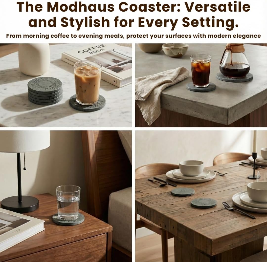 MODHAUS Stone Coaster Set of 4 – Super Absorbent Diatomite Coaster for Drinks, Cup Coasters with Non-Slip & Heat-Resistant – Protects Furniture from Stains (Round Moonlit)