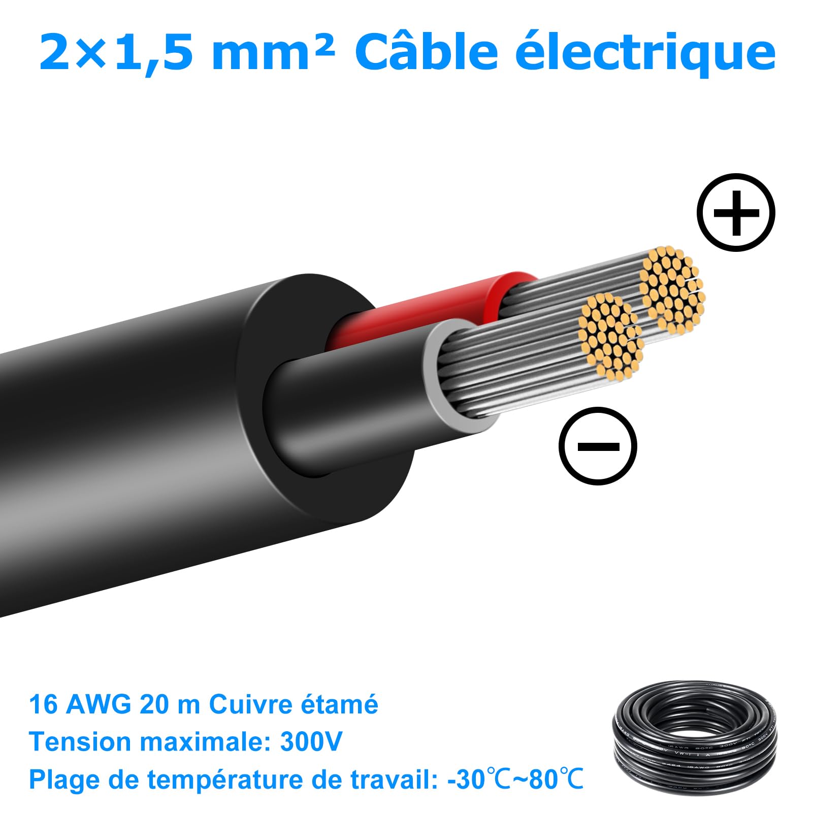 Câble Électrique 10 Mètres 16 AWG 2x1,5mm², Câble à 2 Conducteurs 5 V/12 V/24 V/220 V, Cuivre Étamé, Flexible et Souple, Faible Impédance, Haute Résistance à la Température, Câble d’Extension