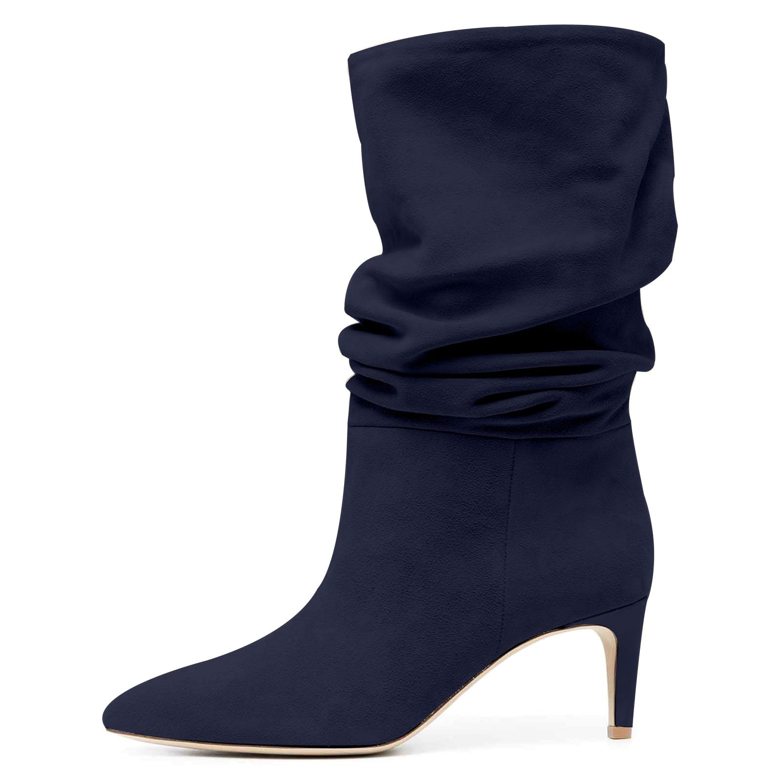 Womens Slouchy Mid Calf Boots Comfortable Pull On Pointed Toe Kitten Heel Fashion Party Office Fall Winter Wide