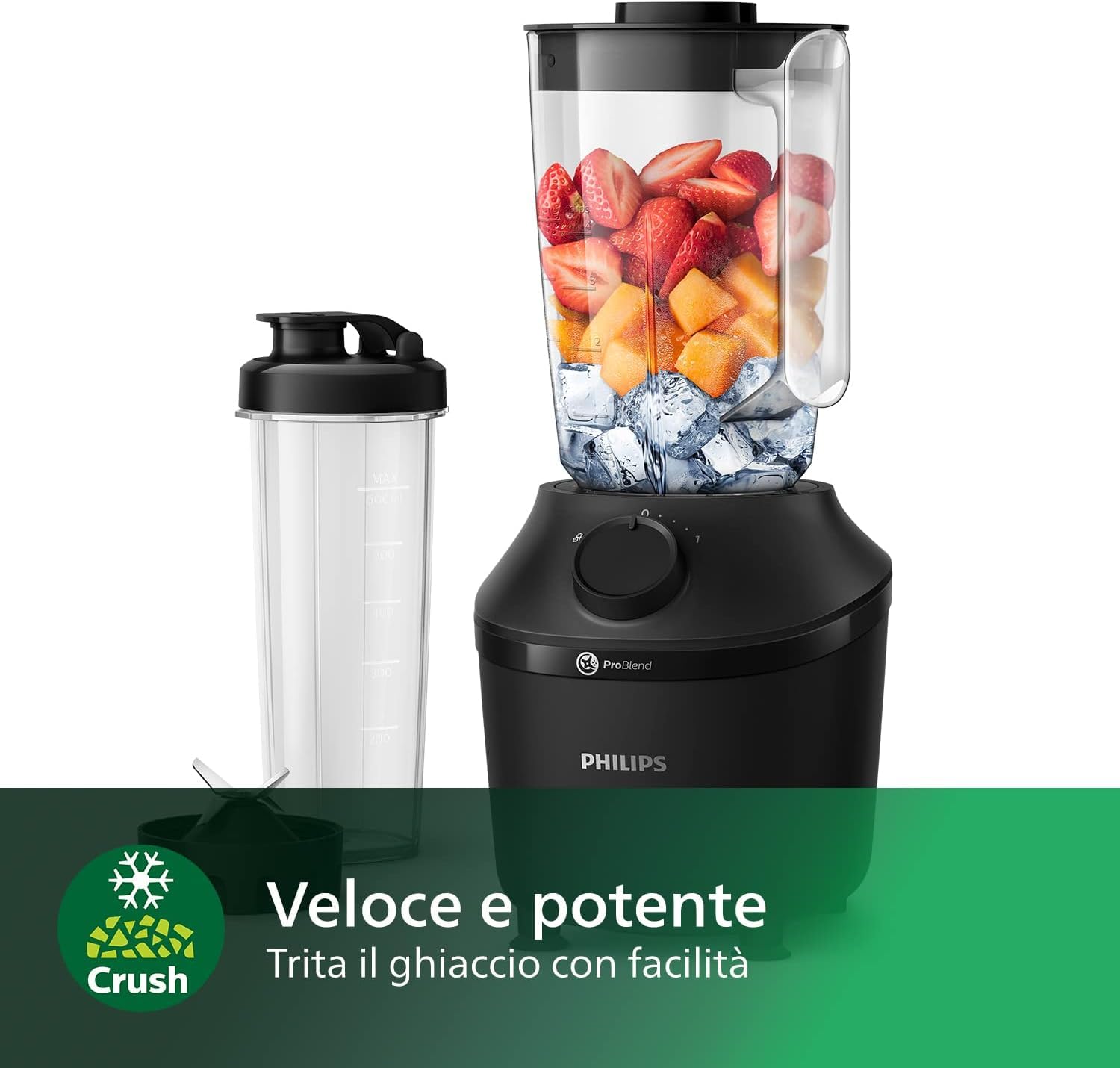 Philips Frullatore Con Base, 450 Watt, Tecnologia Problend, 1,9 Litri Serbatoio In Plastica, Incl. Bottiglia Per Bere, Nero (HR2041/41)