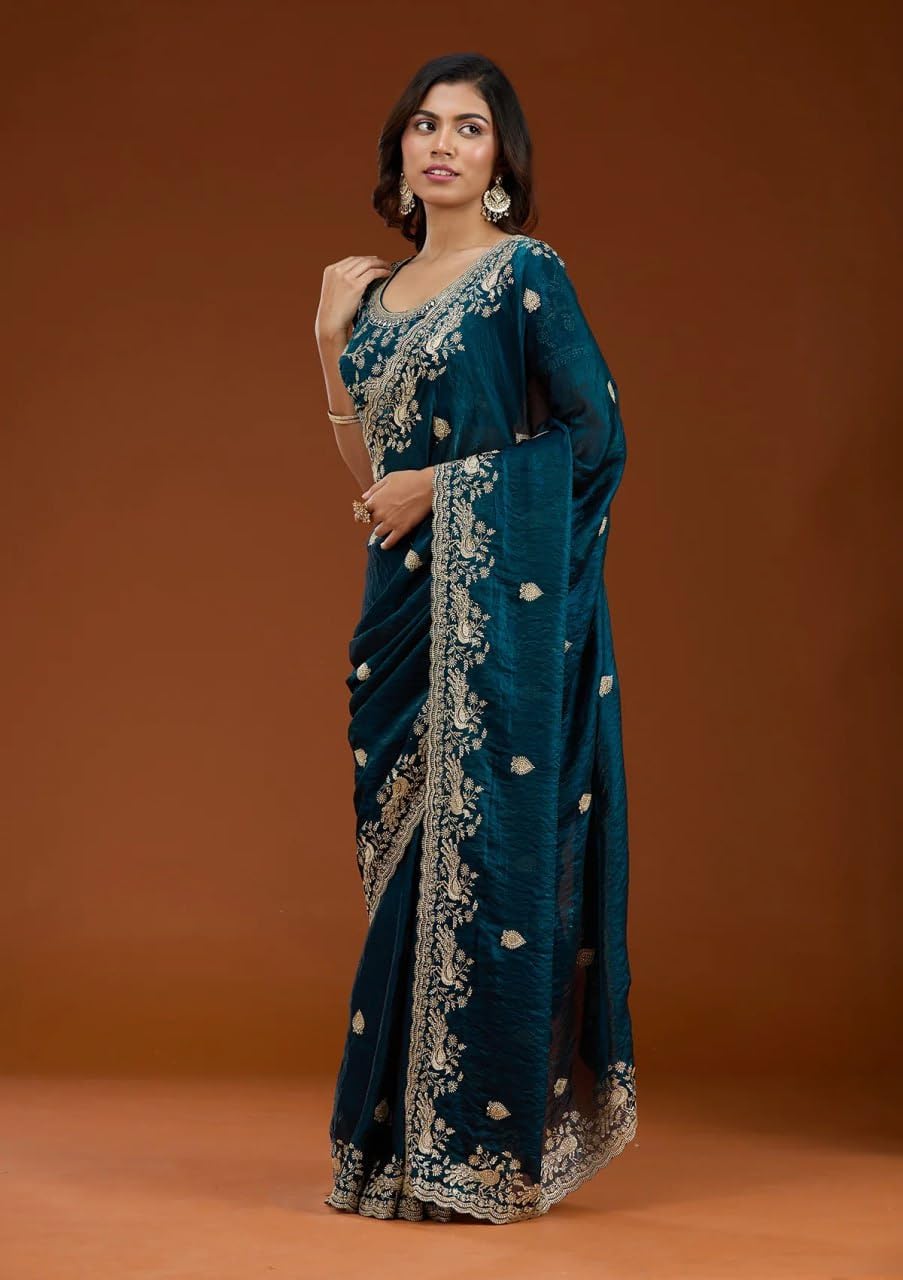 Indian Silk Saree with Embroidered Border and Blouse, Ethnic Wear, Indian Wedding and Party Wear Saree