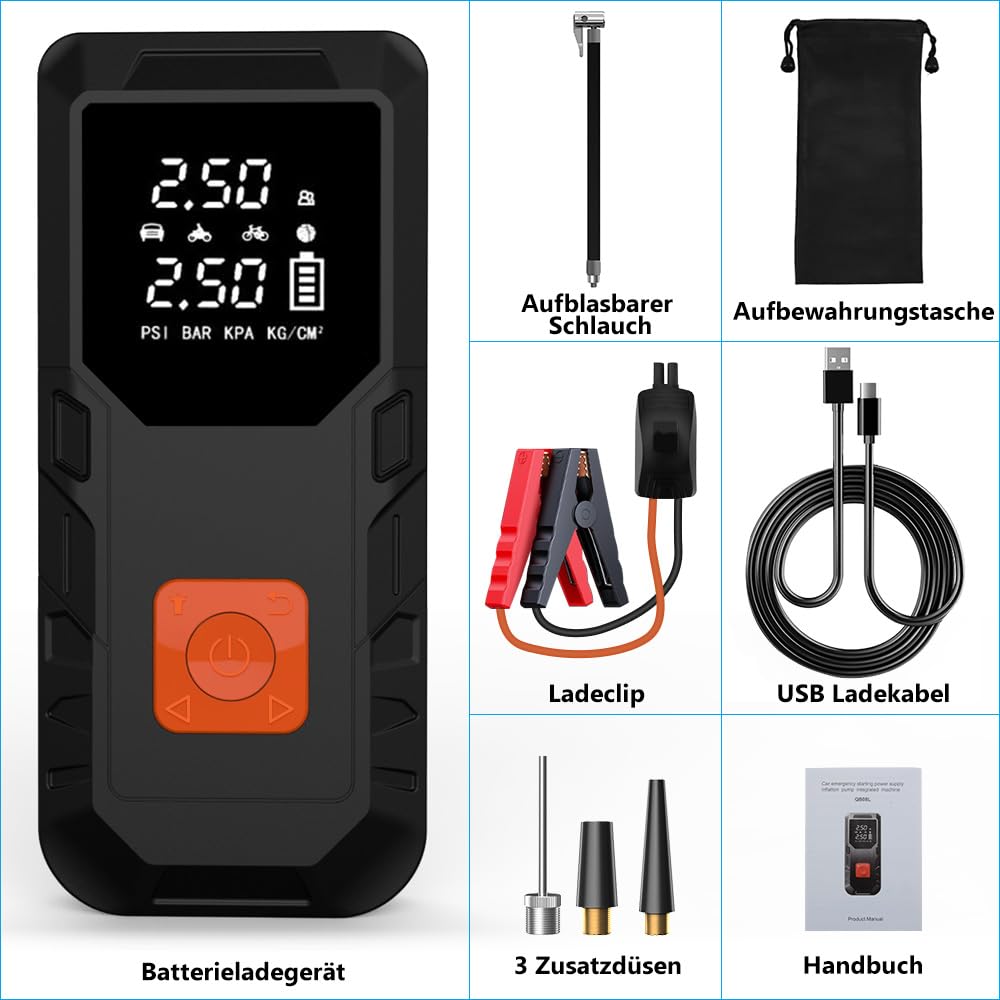 Junsun Auto Starthilfe Luftpump Powerbank 450A 12V 18W 12000mAh Junmper Starter mit Bildschirm 6.5L Gas, 5.0L Diesel Luftpump für Auto, Motorrad, Bälle