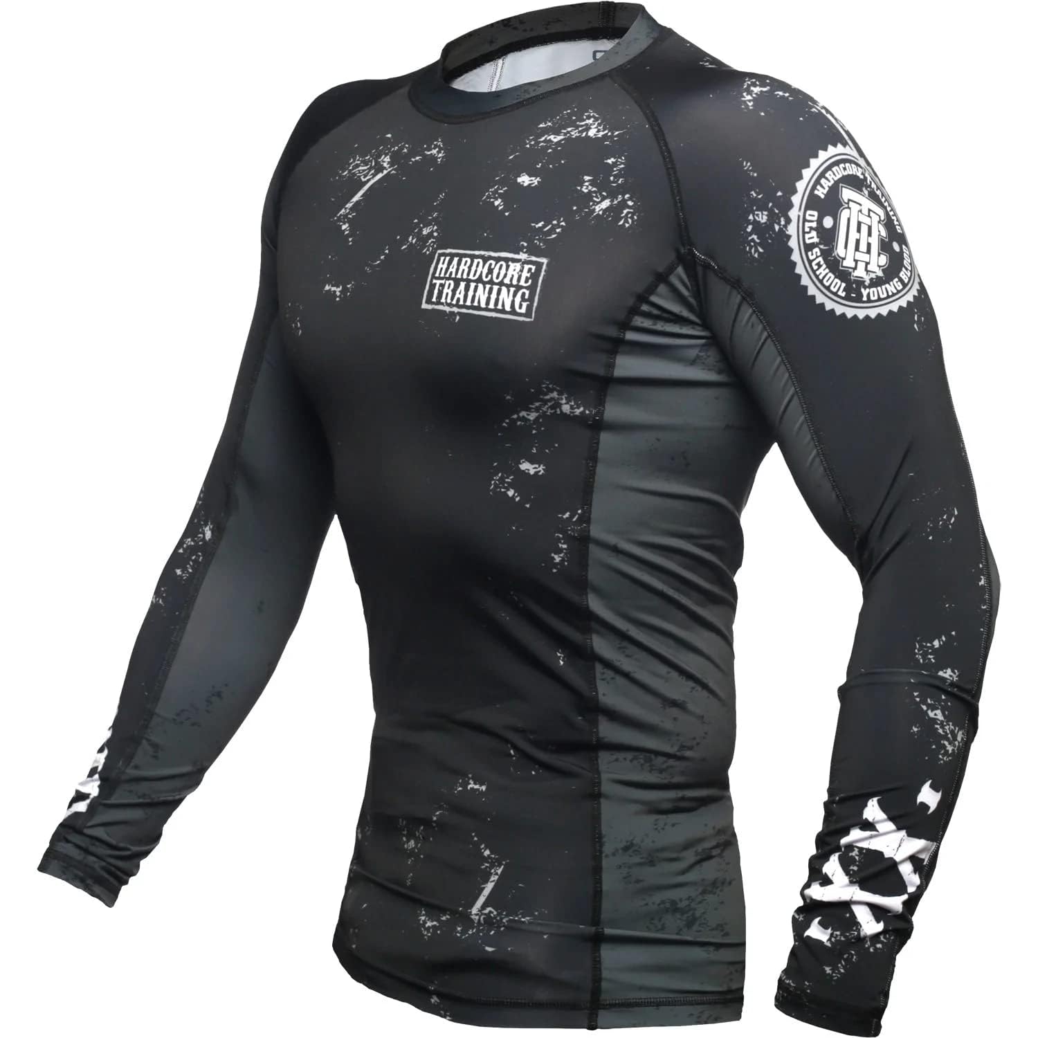 Hardcore Training Rash Guard Mężczyźni Kompresja Koszulka Długi Rękaw BJJ MMA No-Gi Obcisła Grappling Boks (DE/NL/SE/PL, Alfa, M, Regularny, Regularny, Black White Dark Grey)