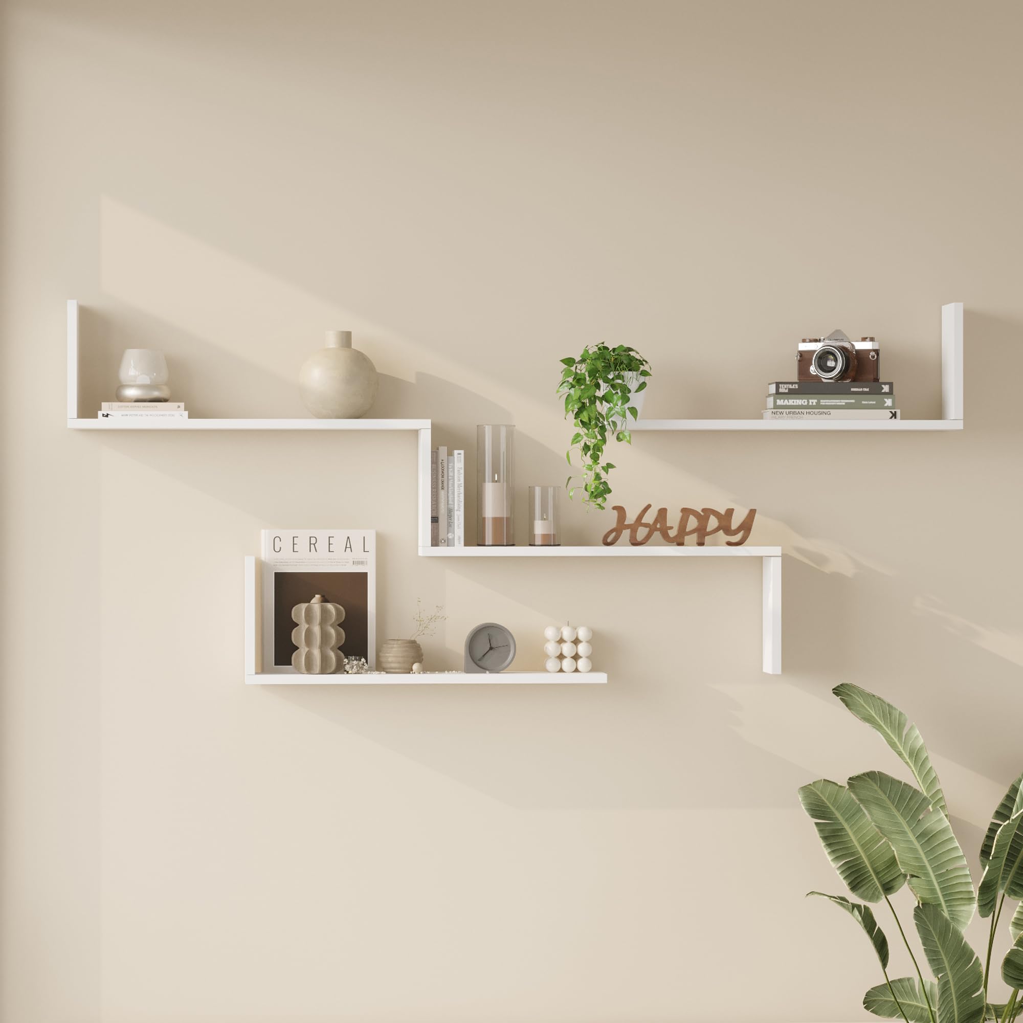 [en.casa] Set Modulare di 3 Mensole a Parete Scaffale da Muro a Gradini e 2 Ripiani Componibili per Libri Oggetti Decorativi Soggiorno Studio Cucina Ingresso - Bianco