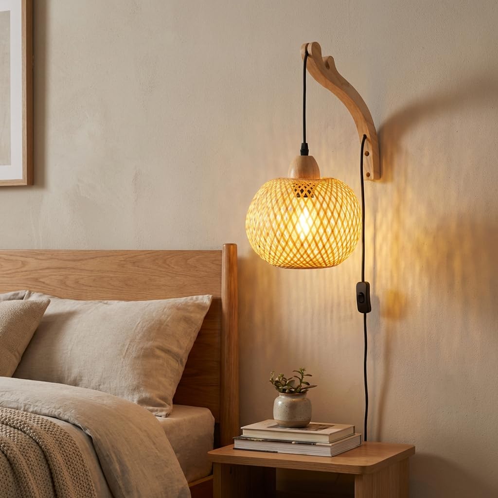 BARCELONA LED Applique murale « Phuket » en osier et bois avec prise – Luminaire décoratif d'intérieur en fibres naturelles. Style rustique et moderne. Douille E27 pour salon, chambre ou escalier.