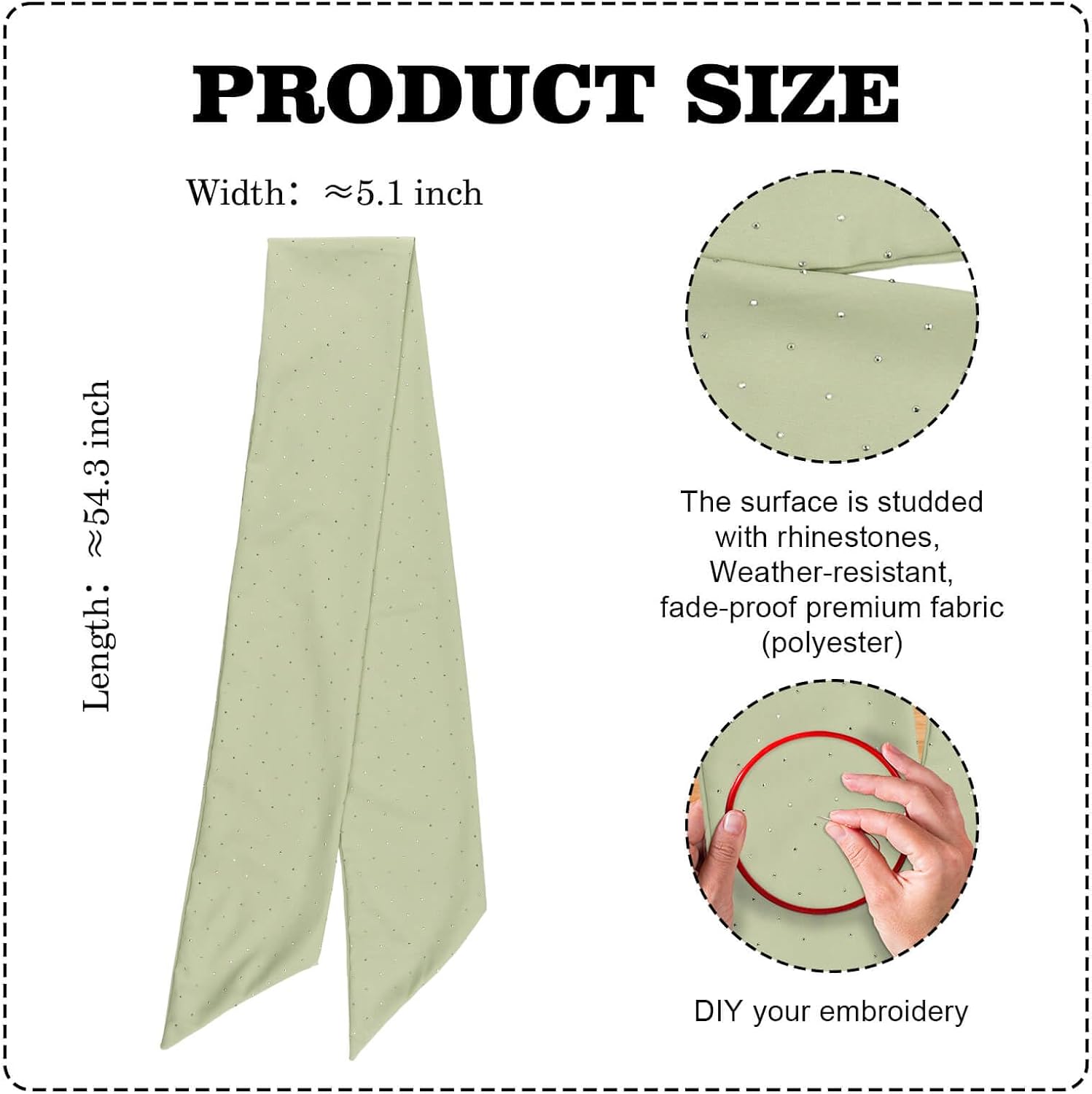YKW Sage Green Rhinestone Wreath Sash for Front Door, 54x5 Inch Sparkle Ribbon for Christmas Thanksgiving Party Decor