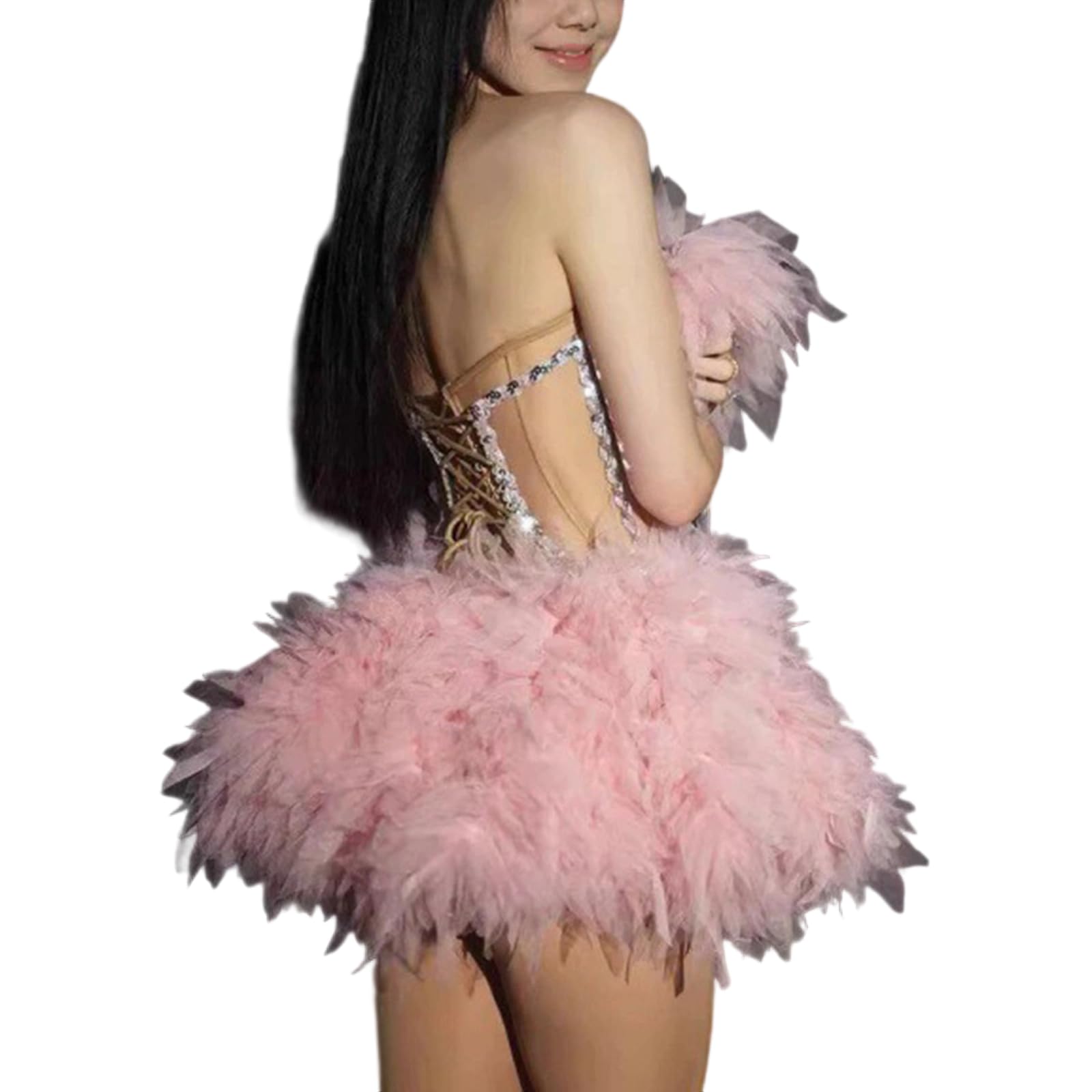 Tenues de scène 2 pièces sans manches avec strass et plumes - Ensemble de jupes tube de drag queens - Accessoires photo - Costumes de Drag Queens