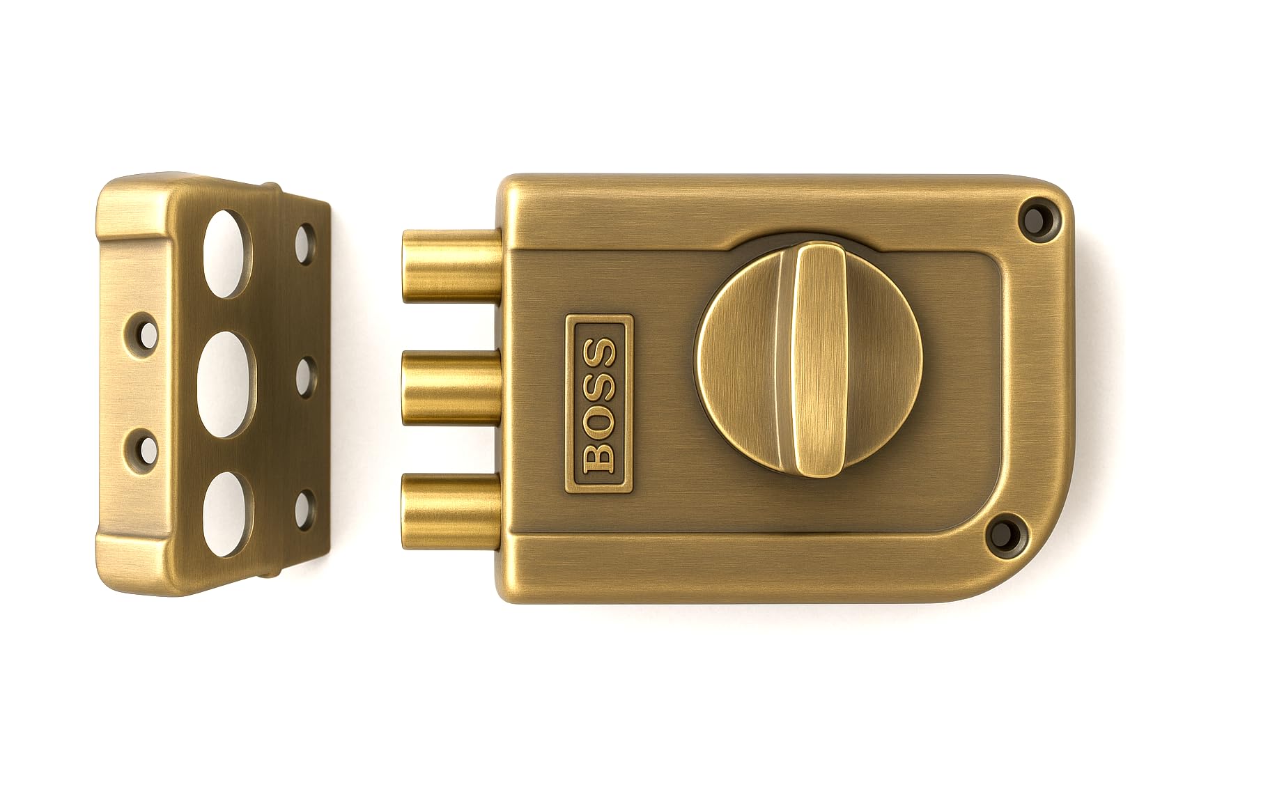 B BOSS Nano Three Dead Bolt Rim Lock with 4 High Security 14 Pin Ultra Keys Universal for Left/Right Handed Inside Opening Office or Home Main Door 15 Years Manufactuing Warranty (Antique Brass)-image-3