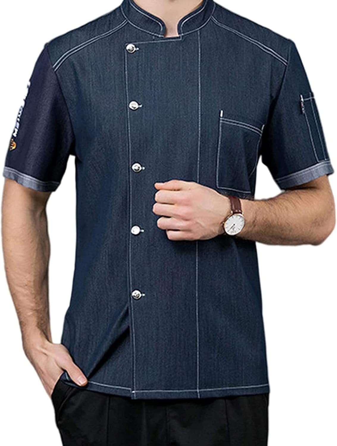 Chef Coat, Unisex Short Sleeve Chef Uniform, Restaurant Bakery Kitchen Cooking Clothing, Breathable Cook Jacket Hotel Food Servic Overalls(Blue_C(XL))