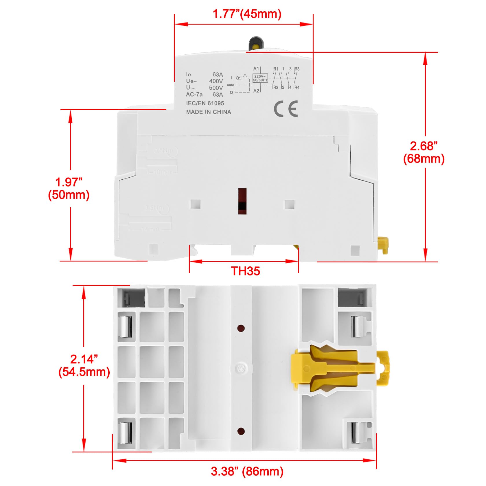 Heschen Contacteur AC modulaire domestique HS1-63M/22 63 A 4 pôles, 2NO 2NC, 220 VAC Bobines, montage sur rail DIN 35 mm, avec interrupteur de commande manuel
