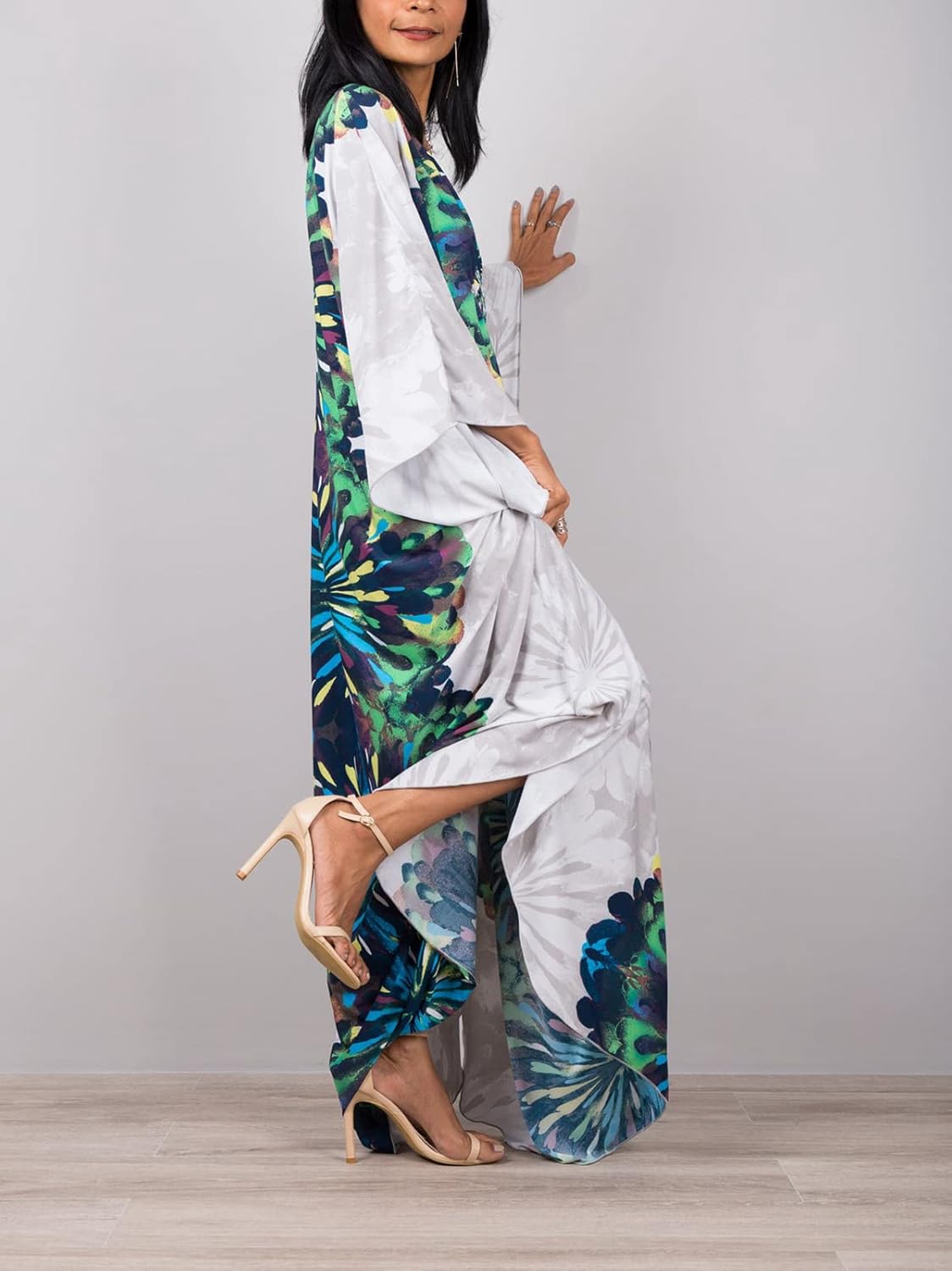 Beach Cover ups Women's Fireworks kaftan Turkish caftan Silk Wrinkle Et`hnic Print Plus Size kaftans Floral Print Batwing Sleeve Over Sized Caftans Lounge wear Maxi Beach Dress 8693-21