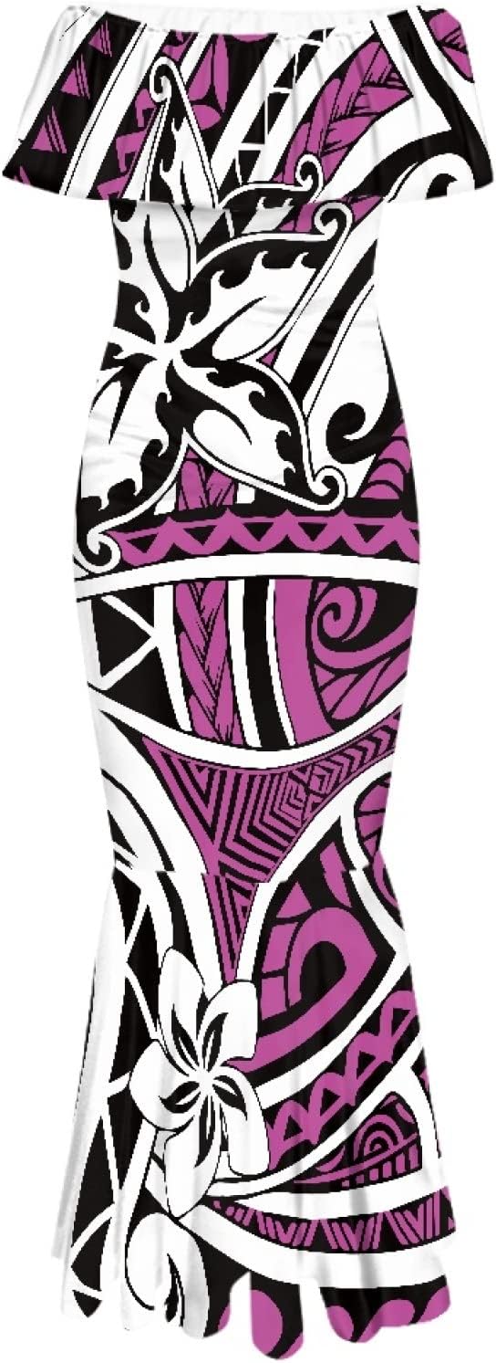MARSVOVO Womens Polynesia Partten Off The Shoulder Dresses Ruffle Trim Short Sleeve Floor Length Maxi Dress