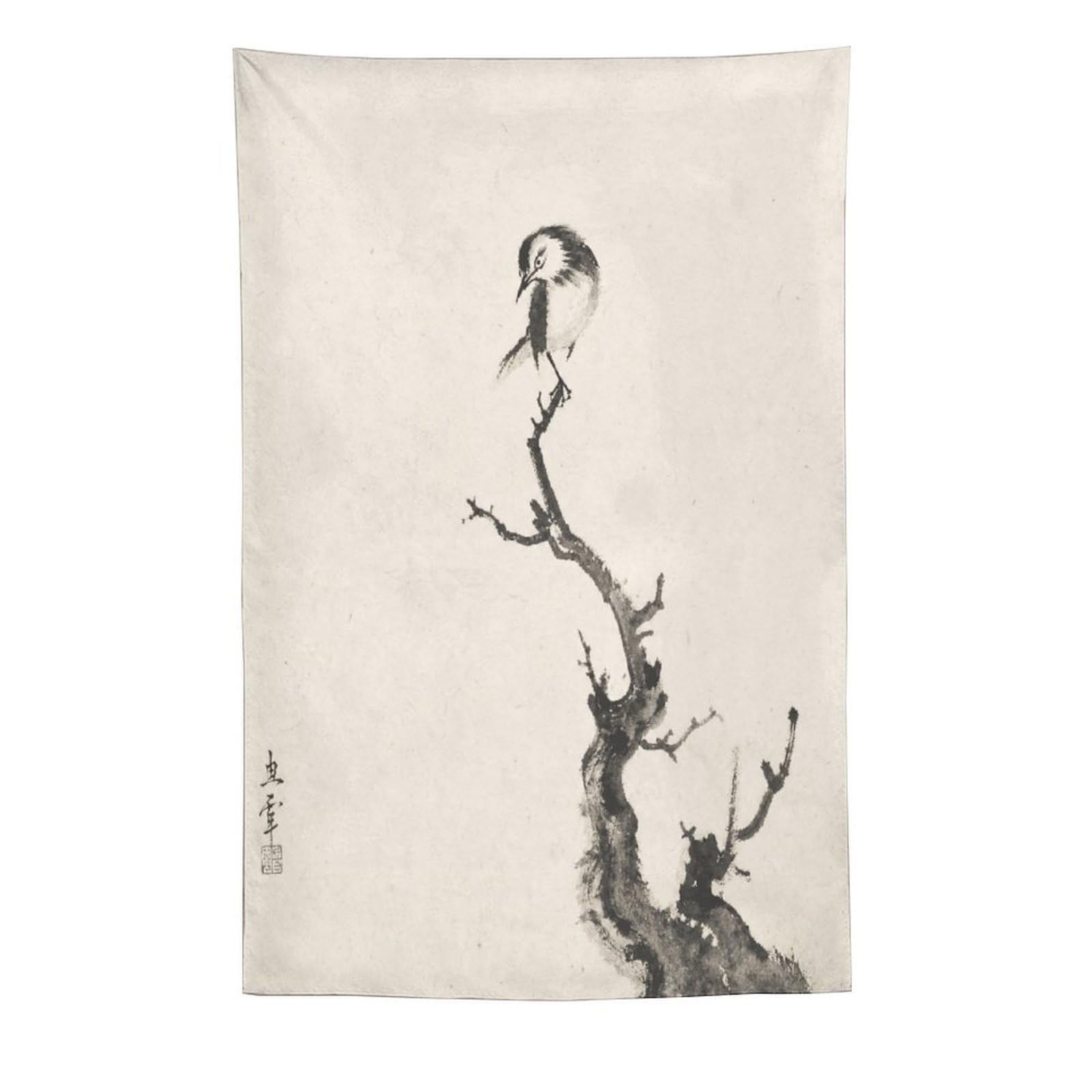 W7C8U2X3 Ink Bird on Branch Wall Tapestry, Asian Ink Style, College Dorm